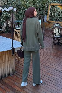 Khaki Crew Neck Long Arm Without Accessories Knitwear Regular Trousers Comfortable Suit