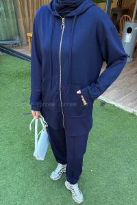 Lamelif Kapüşonlu Kanguru Cep İkili Takım Lacivert