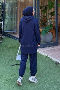 Lamelif Kapüşonlu Kanguru Cep İkili Takım Lacivert