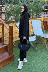 Lamelif Kapüşonlu Kanguru Cep İkili Takım Siyah