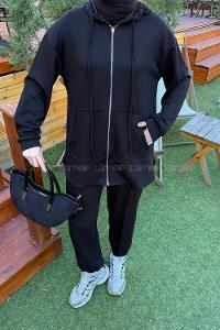 Lamelif Kapüşonlu Kanguru Cep İkili Takım Siyah