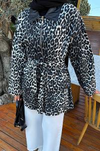 Lamelif Leopar Desen Kot Mont Siyah