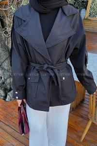 Lamelif Omuz Apoletli Kısa Trençkot Siyah