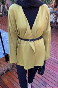 Oil Green V Neck Long Arm Polyester Cardigan