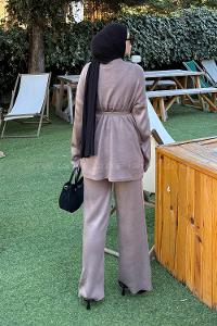 Soft Brown V Neck Long Arm Acrylic Cotton Fabric Regular Trousers Comfortable Suit