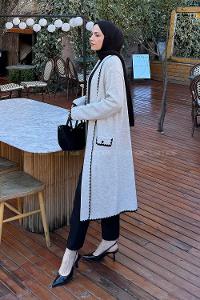 Lamelif Uzun Tesettür Hırka Krem