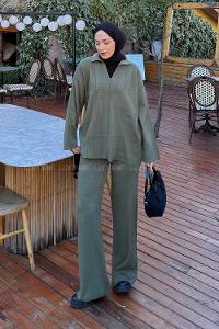 Khaki Medium Crew Neck Long Arm Knitwear Comfortable Suit