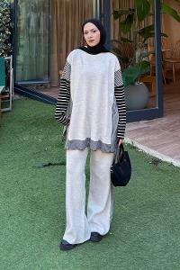 Lamelif Yan Çizgili Panço Tesettür Takım Bej