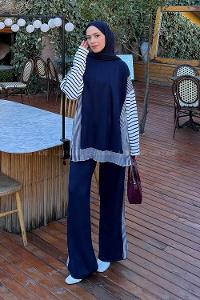 Lamelif Yan Çizgili Panço Tesettür Takım Lacivert