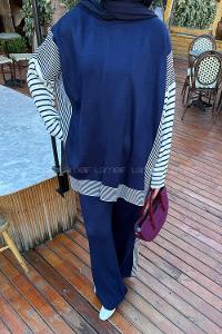 Lamelif Yan Çizgili Panço Tesettür Takım Lacivert