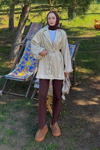 Lamelif Bağlama Detaylı Deri Mont Krem