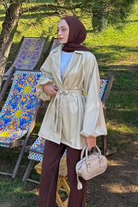 Lamelif Bağlama Detaylı Deri Mont Krem