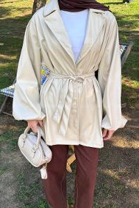 Lamelif Bağlama Detaylı Deri Mont Krem