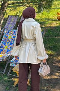 Lamelif Bağlama Detaylı Deri Mont Krem