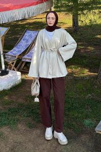 Beige Long Arm Cotton Polyester Kimono