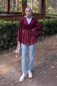 Claret Red Long Arm Cotton Polyester Kimono