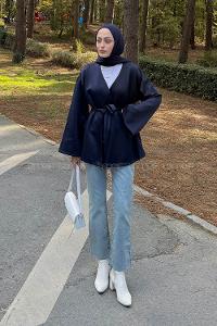 Navy Blue Long Arm Cotton Polyester Kimono