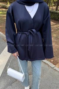 Navy Blue Long Arm Cotton Polyester Kimono