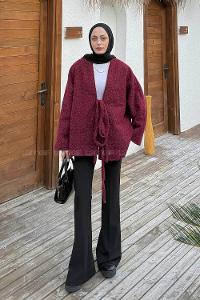 Lamelif Bağlamalı Kaşe Mont Bordo