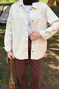 Lamelif Çift Cepli Metal Düğme Ceket Taş Rengi