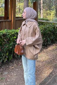 Soft Brown Shirt Collar Cotton Poncho