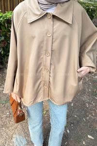 Soft Brown Shirt Collar Cotton Poncho