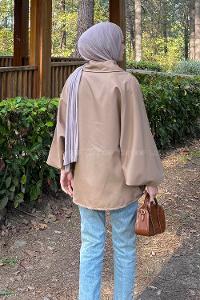 Soft Brown Shirt Collar Cotton Poncho