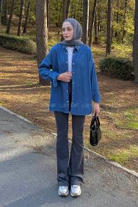 Lamelif Fitilli Tesettür Gömlek Kot Mavisi