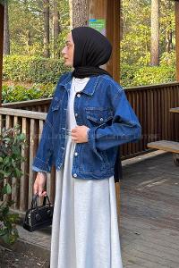 Lamelif Fleto Cepli Kot Ceket Kot Mavisi