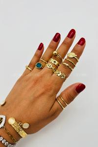 Lamelif Gold 12li Kombin Yesil Mineli Yüzük Seti