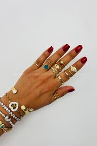 Lamelif Gold 12li Kombin Yesil Mineli Yüzük Seti