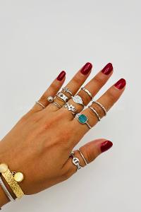 Lamelif Gümüş 12li Kombin Yesil Mineli Yüzük Seti