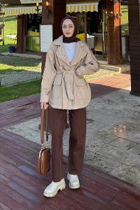 Lamelif Omuz Apoletli Kısa Trençkot Bej