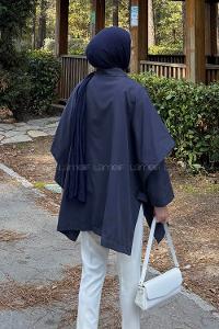 Navy Blue Shirt Collar Long Arm Elastan Polyester Jacket