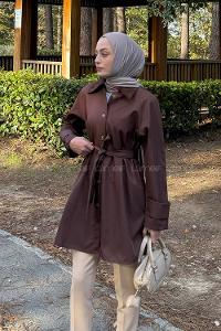 Lamelif Yaka Detaylı Kısa Trençkot Acı Kahve