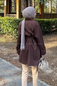 Lamelif Yaka Detaylı Kısa Trençkot Acı Kahve