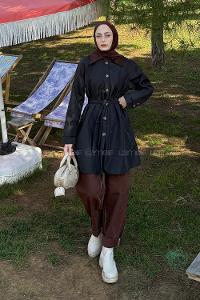 Lamelif Yaka Detaylı Kısa Trençkot Siyah