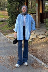 Lamelif Yırmtaçlı Gömlek Buz Mavisi