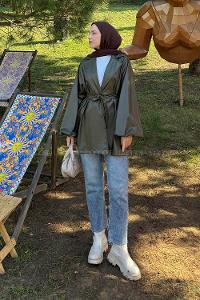 Lamelif Bağlama Detaylı Deri Mont Haki