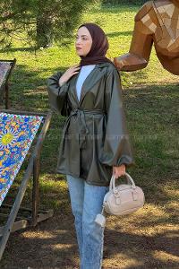 Lamelif Bağlama Detaylı Deri Mont Haki