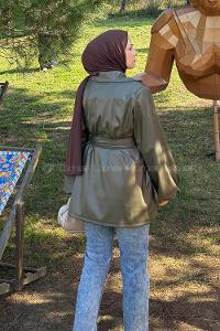 Lamelif Bağlama Detaylı Deri Mont Haki