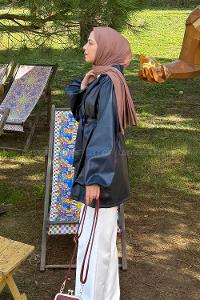 Lamelif Bağlama Detaylı Deri Mont Lacivert