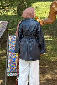 Lamelif Bağlama Detaylı Deri Mont Lacivert