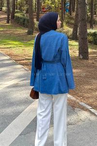 Lamelif Bağlama Detaylı Kot Hırka Açık Mavi