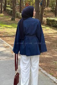 Lamelif Bağlama Detaylı Kot Hırka Koyu Mavi