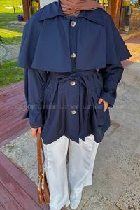 Lamelif Bağlama Detaylı Pelerinli Trençkot Lacivert