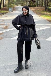 Lamelif Bağlama Detaylı Pelerinli Trençkot Siyah