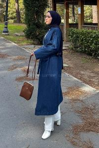Dark Blue Long Arm Denim Trench Coat