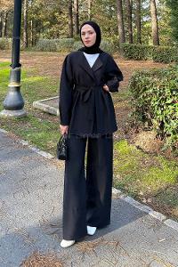 Black Normal Neck Balloon Sleeve Arm Cotton Regular Trousers Comfortable Suit