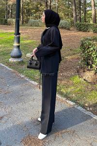 Black Normal Neck Balloon Sleeve Arm Cotton Regular Trousers Comfortable Suit